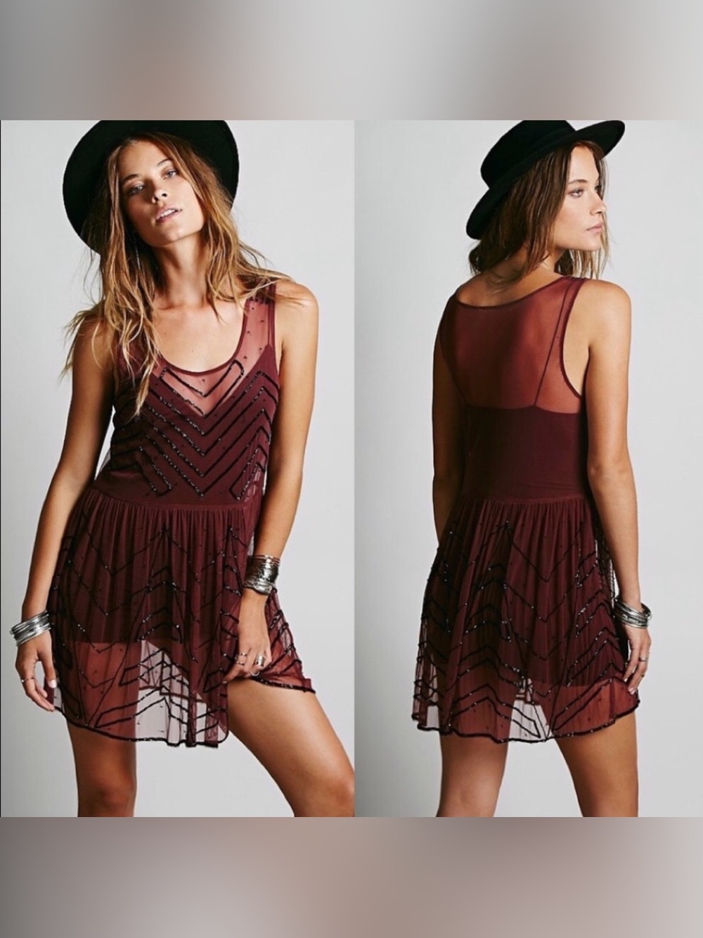 Free People Sheer Beaded slip dress Swing Dress in Burgundy and black sequins